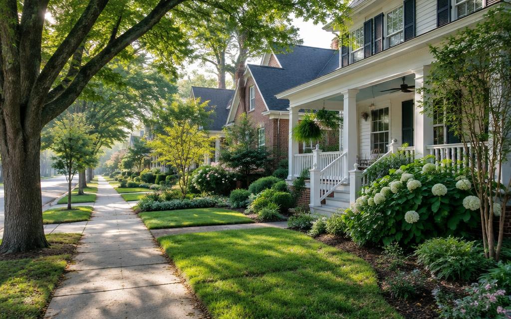 Illustrative residential street with homes and mature trees